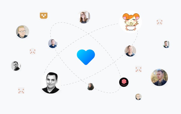 A blue heart in the center with dashed lines connecting various profile images orbiting around it.