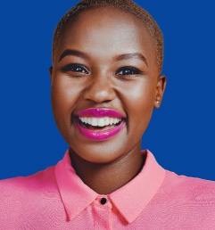 Smiling women in front of a dark blue background