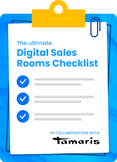 A clipboard with a paper titled "The ultimate Digital Sales Rooms Checklist". The checklist has three items, each with a checkmark next to it. At the bottom, it states "In collaboration with Tamaris."
