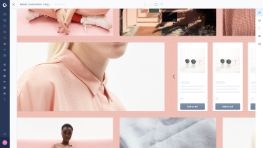 The shopping experience in the admin is displayed, featuring a grid of fashion-related images predominantly in shades of pink.
