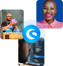 A collage of three images: a person holding Cody, the elephant, a smiling woman on the top right, and a man working on a computer at the bottom. In the center is the shopware logo.
