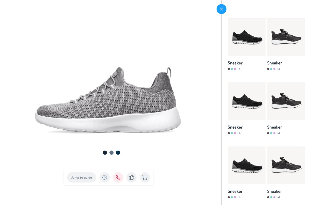 A product page with a gray sneaker in the center, a list of similar sneakers on the right, and icons for various actions below the main image.
