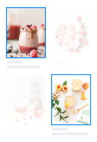 A grid layout displays four images, with the two most prominent images highlighted by blue borders. The top-left image features a smoothie, while the bottom-right image shows citrus fruits.
