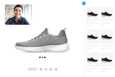 A online shop for sneakers, with a large gray sneaker in the center. In the top left corner, there is a small video call window showing a smiling woman.
