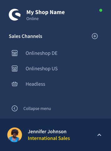 A navigation panel displaying the Shopware logo at the top. Below, there are options for different sales channels, including "Onlineshop DE", "Onlineshop US", and "Headless".
