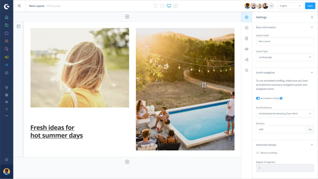 Shopping Experience feature is shown in Shopware. In the middle are two summery images with the text "Fresh ideas for hot summer days". The settings tool for the feature is on the right-hand side.
